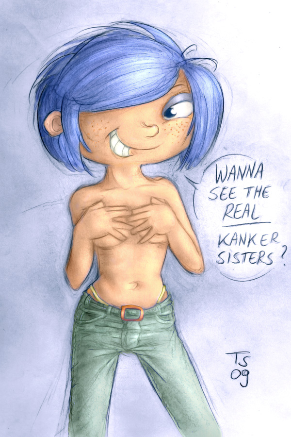 1girl blue_hair cover_up ed,_edd,_'n'_eddy hair_over_one_eye kanker_sisters looking_at_viewer marie_kanker naughty_face smile solo tommy_simms topless