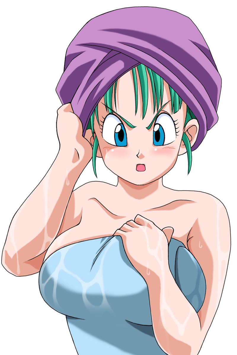 1girl angry anime_milf aqua_eyes aqua_hair big_breasts blue_eyes blush breasts bulma bulma_brief dragon_ball dragon_ball_z female_only folgore2010 green_hair highres huge_breasts human looking_at_viewer nude open_mouth short_hair simple_background solo solo_female standing towel wet white_background