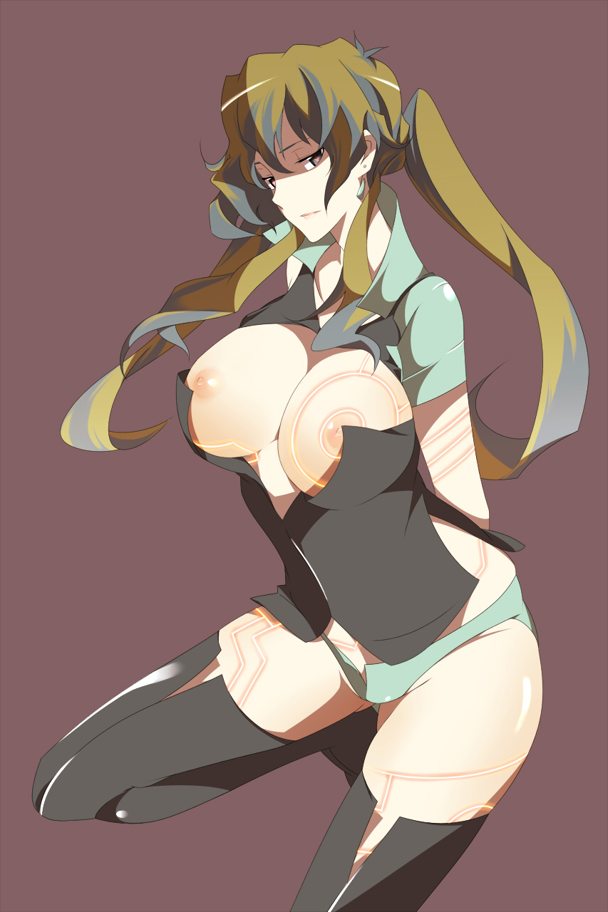 1girl antispiral_nia areola areolae bad_id big_breasts black_legwear black_thighhighs breasts earrings glow glowing highres jewelry large_breasts lipstick multicolored_hair nanao nanao_(mahaya) nia_teppelin nipples open_clothes open_shirt panties pussy shirt solo tengen_toppa_gurren_lagann thighhighs twintails underwear