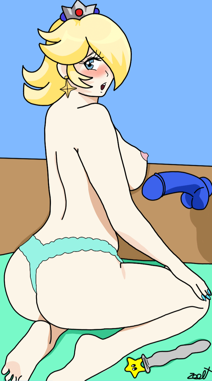 aqua_panties areola big_ass big_breasts bimbo blonde_hair blue_background blue_eyes blue_nail_polish blush curvy_figure dildo dildo_on_bed feet female_only green_blanket hair_over_one_eye kneel looking_at_viewer mario_(series) nintendo nipples nude_female open_mouth pale_skin rosalina shame solo_female super_mario_bros. surprised_expression teeth yellow_hair zoolt