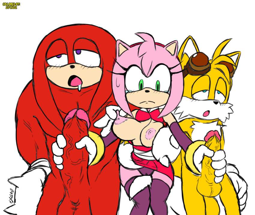 1girl 2boys amy_rose anthro ball_size_difference balls big_penis bodily_fluids bottomwear breasts cameltoe clothing clothing_lift dj_cvdz_(artist) double_handjob drooling echidna erection excito female frown furry genitals glans green_eyes group handjob knuckles_the_echidna looking_pleasured male male/female mammal miles_"tails"_prower monotreme nipple_fetish nipple_pinch nipple_play nipples penile penis penis_size_difference pinch pink_glans pink_nipples purple_eyes red_balls red_penis saliva sex simple_background skirt skirt_lift sonic_the_hedgehog_(series) video_games yellow_balls yellow_penis