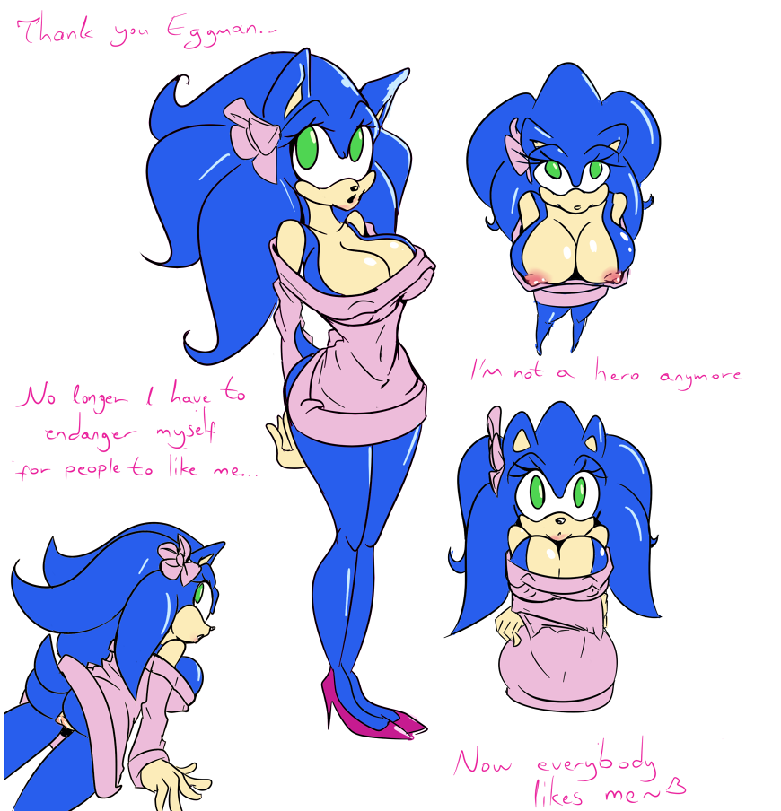 anthro ass big_breasts blue_hair breasts crossgender cuisine english_text female green_eyes hair hedgehog looking_at_viewer nipples pussy sega sonic_the_hedgehog text