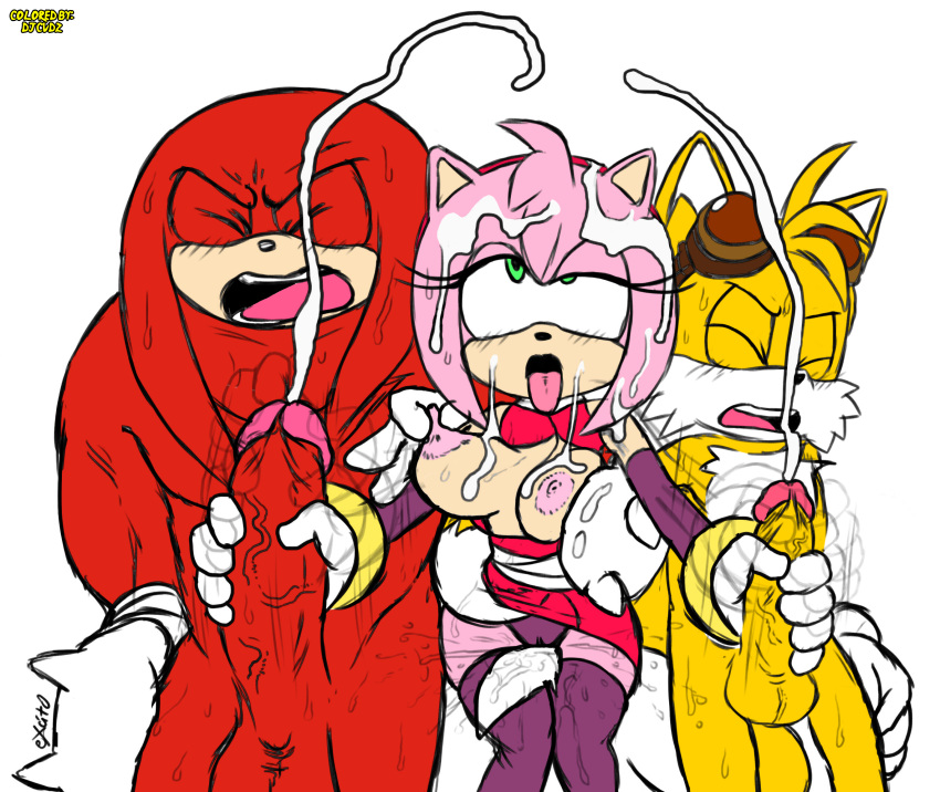 1girl 2boys ahegao amy_rose anthro ball_size_difference balls big_penis bodily_fluids breasts canid canine cum cum_on_breasts cum_on_face cum_on_head cumshot dj_cvdz_(artist) double_cumshot double_handjob echidna ejaculation erection eulipotyphlan excito female fox furry genital_fluids genitals glans green_eyes group handjob hedgehog knuckles_the_echidna looking_pleasured male male/female mammal miles_"tails"_prower monotreme nipples orgasm orgasm_face penile penis penis_size_difference pink_glans pink_nipples pussy_juice red_balls red_penis sex simple_background sonic_the_hedgehog_(series) yellow_balls yellow_penis