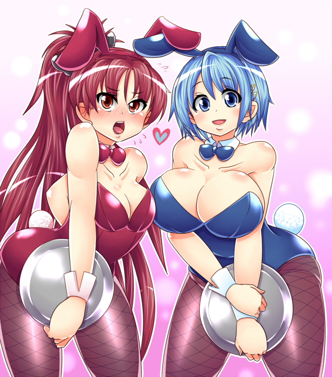 2girls animal_ears bare_shoulders big_breasts black_legwear blue_eyes blue_hair blush bow bowtie breasts bukatsu_(clubactivity) bunny_ears bunny_girl bunny_tail bunnygirl bunnysuit cleavage detached_collar fake_animal_ears fake_tail fishnets hair_ornament hairband hairclip heart huge_breasts large_breasts leaning leaning_forward leotard long_hair looking_at_viewer mahou_shoujo_madoka_magica miki_sayaka multiple_girls open_mouth pantyhose playboy_bunny playboy_bunny_leotard ponytail red_eyes red_hair sakura_kyouko short_hair sina_and_d smile tail tray wrist_cuffs
