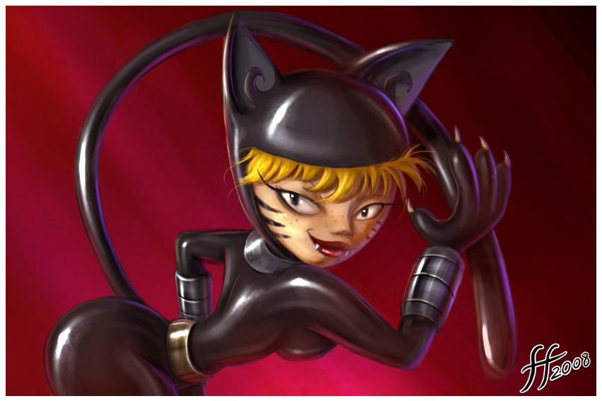 1_female 1girl ass bent_over black_catsuit blonde_hair breasts catsuit clothed female female_only fernando_faria_(artist) grin hetero katnappe looking_at_viewer solo_female standing xiaolin_showdown