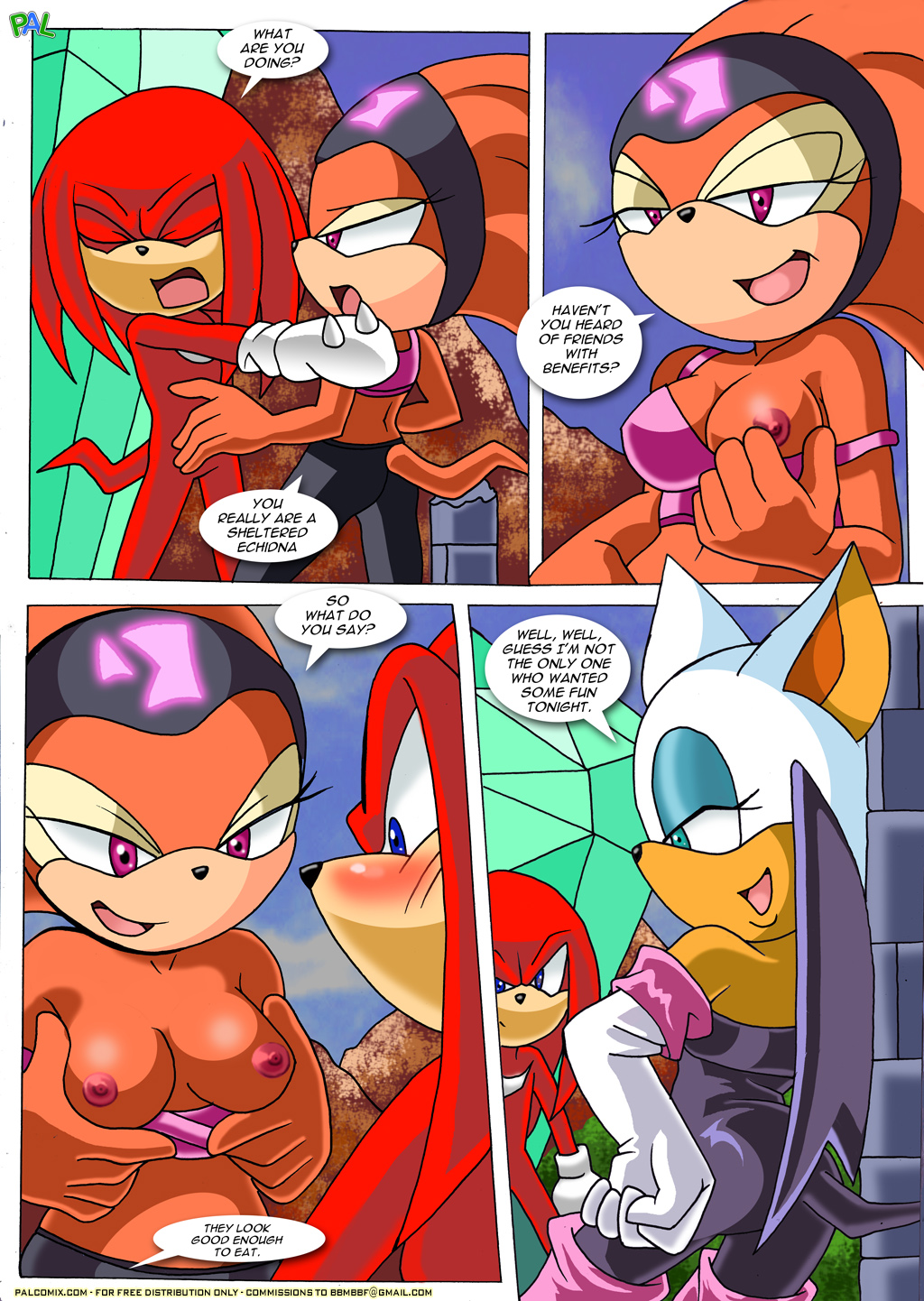 bat bbmbbf breasts comic echidna female knuckles_the_echidna male mobius_unleashed nipples palcomix rouge_the_bat saturday_night_fun_2 sega shade_the_echidna sonic_(series) sonic_the_hedgehog_(series) text