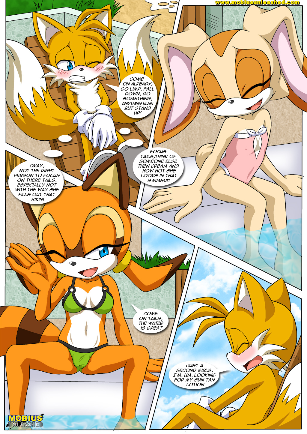 accidental_erection anthro bbmbbf beige_fur blue_eyes blush canine clothing comic covering cream_the_rabbit dialog fox gloves hiding lagomorph marine_the_raccoon miles_"tails"_prower mobius_unleashed multiple_tails one_eye_closed palcomix pool poolside_fun raccoon sega shoes sonic_(series) sonic_the_hedgehog_(series) swimsuit text wink yellow_skin