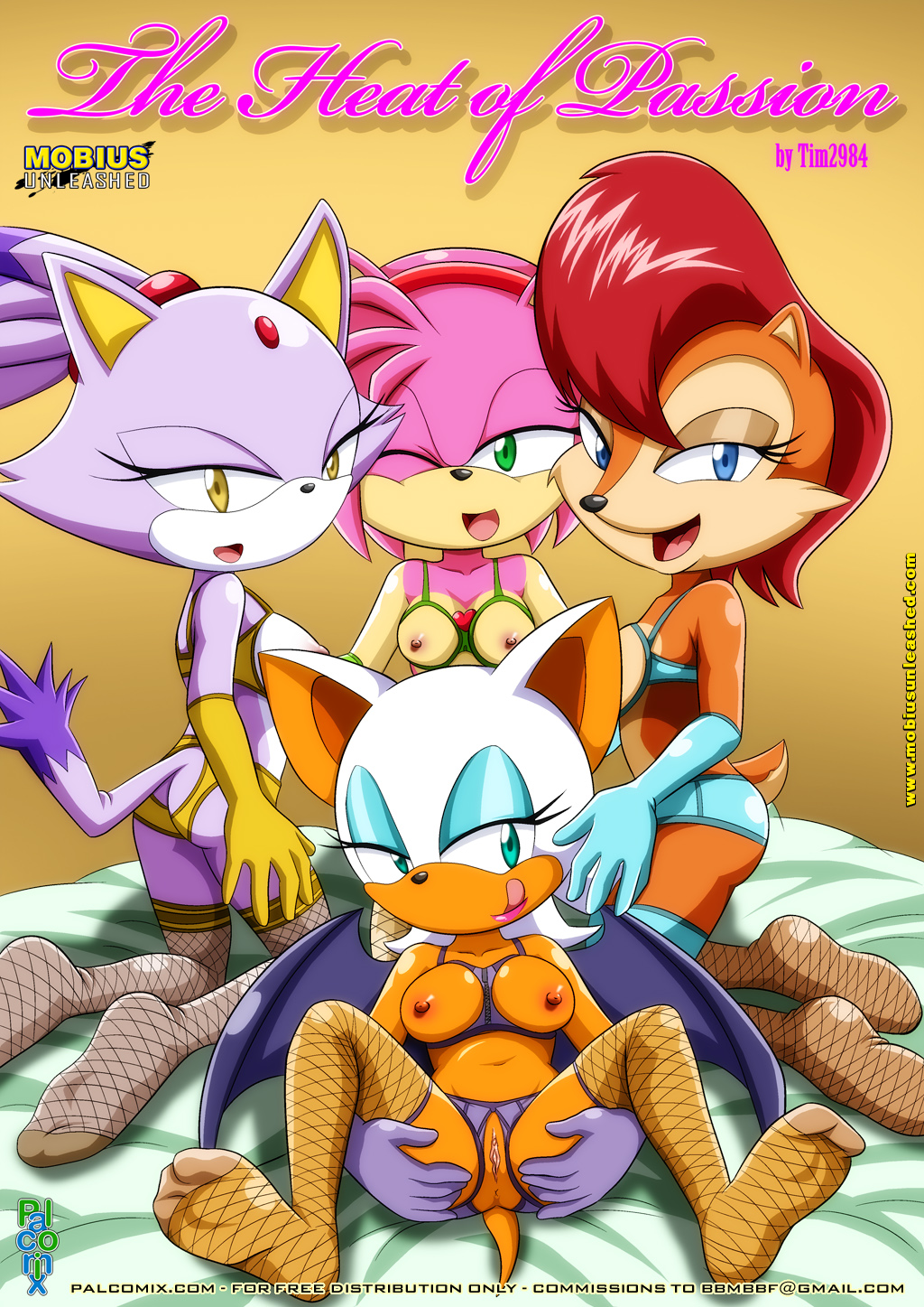 4girls amy_rose anthro bbmbbf blaze_the_cat breasts clothing comic cover_page female female_only mobius_unleashed palcomix rouge_the_bat sally_acorn sega sonic_(series) sonic_the_hedgehog_(series) spread_legs spreading text the_heat_of_passion yuri