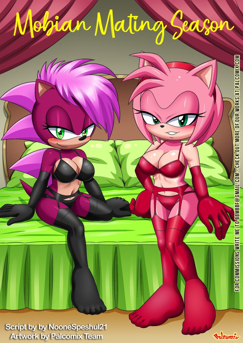 2girls amy_rose anthro bbmbbf blush comic cover_page female_only mobian_mating_season_(comic) mobius_unleashed palcomix sega sonia_the_hedgehog sonic_the_hedgehog_(series)