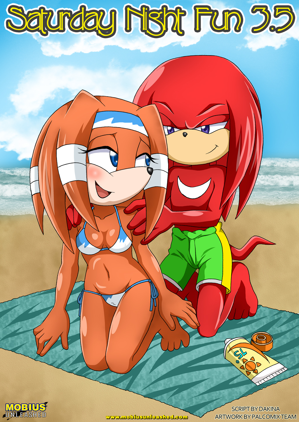 anthro bbmbbf beach comic cover_page echidna female furry knuckles_the_echidna male mobius_unleashed palcomix saturday_night_fun_3.5 seaside sega sonic sonic_(series) sonic_the_hedgehog_(series) sunscreen tikal_the_echidna