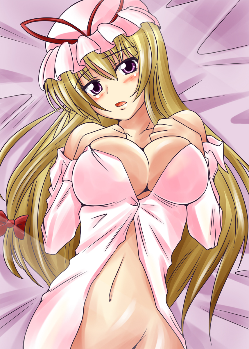 1girl blonde_hair blush bottomless breast_suppress breasts cleavage female hands_on_own_chest hands_to_chest hat high_res highres large_breasts long_hair lying naked_from_the_waist_down navel nishi_koutarou no_panties on_back open_clothes open_mouth open_shirt purple_eyes shirt solo touhou yakumo_yukari