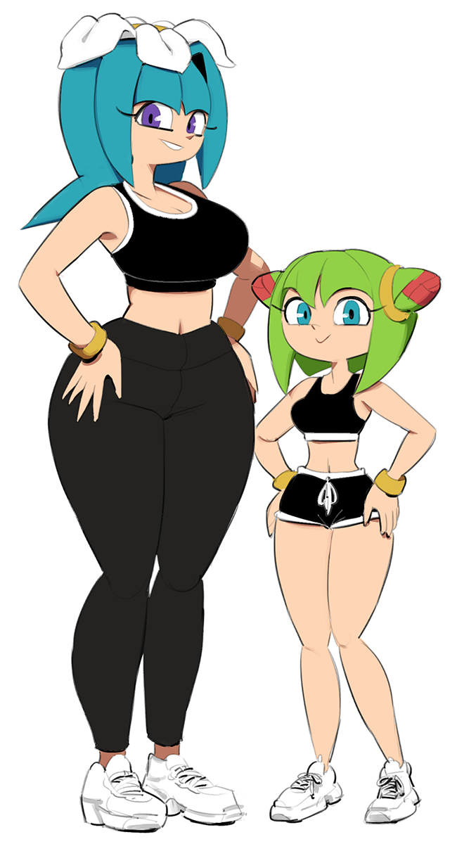 1girl 2_girls big_ass big_breasts black_clothing blue_hair breasts cosmo_the_seedrian dark_clothing female_focus female_only galaxina_the_seedrian green_hair purple_eyes sega sisters small_ass small_breasts small_butt smaller_female sneakers sonic_the_hedgehog_(series) sonic_x tagme taller_female taller_girl taller_woman teal_eyes voluptuous wide_hips workout_clothes yuta_agc