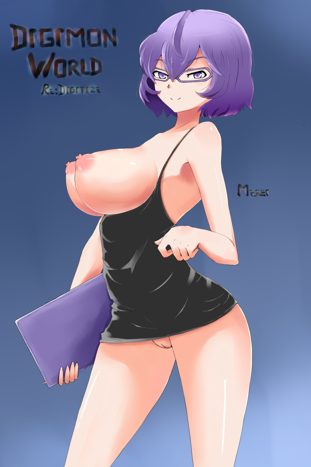 1girl blue_background breasts breasts_outside copyright_name digimon digimon_world_re:digitize drawfag glasses gradient gradient_background high_res highres huge_breasts mikagura_mirei mohun purple_background purple_eyes purple_hair pussy short_hair simple_background smile title_drop uncensored