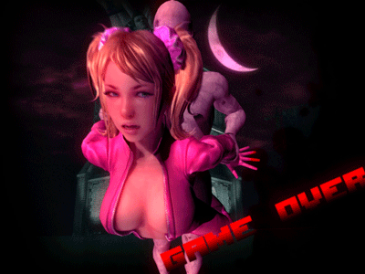 1boy 1girl 3d animated animated_gif arm_grab blonde_hair bouncing_breasts breasts catsuit crescent crescent_moon english_text female from_behind game_over gif hair hanging hetero huge_breasts juliet_starling lollipop_chainsaw long_hair male moon night open_catsuit open_mouth outdoors pigtails pink_catsuit sex text twintails vaginal zombie