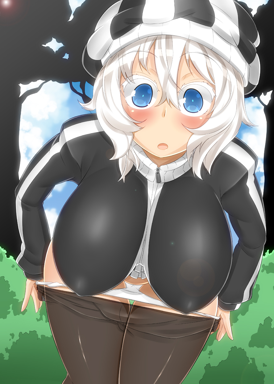 1girl bent_over blue_eyes blush borrowed_character breasts female fuguu-chan gym_uniform hat high_res highres huge_breasts impossible_clothes impossible_shirt leaning_forward open_mouth original outdoors outside panties panty_pull pantyhose pantyhose_pull shirt short_hair solo standing thigh_gap thighs toudori underwear undressing white_hair white_panties