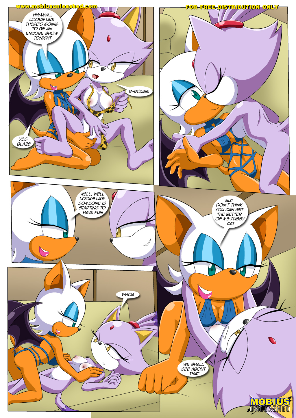 anthro bbmbbf blaze_the_cat breasts clothing comic dialogue female_only fondling kissing mobius_unleashed palcomix rouge_the_bat sega sonic_(series) sonic_the_hedgehog_(series) text the_heat_of_passion undressing yuri