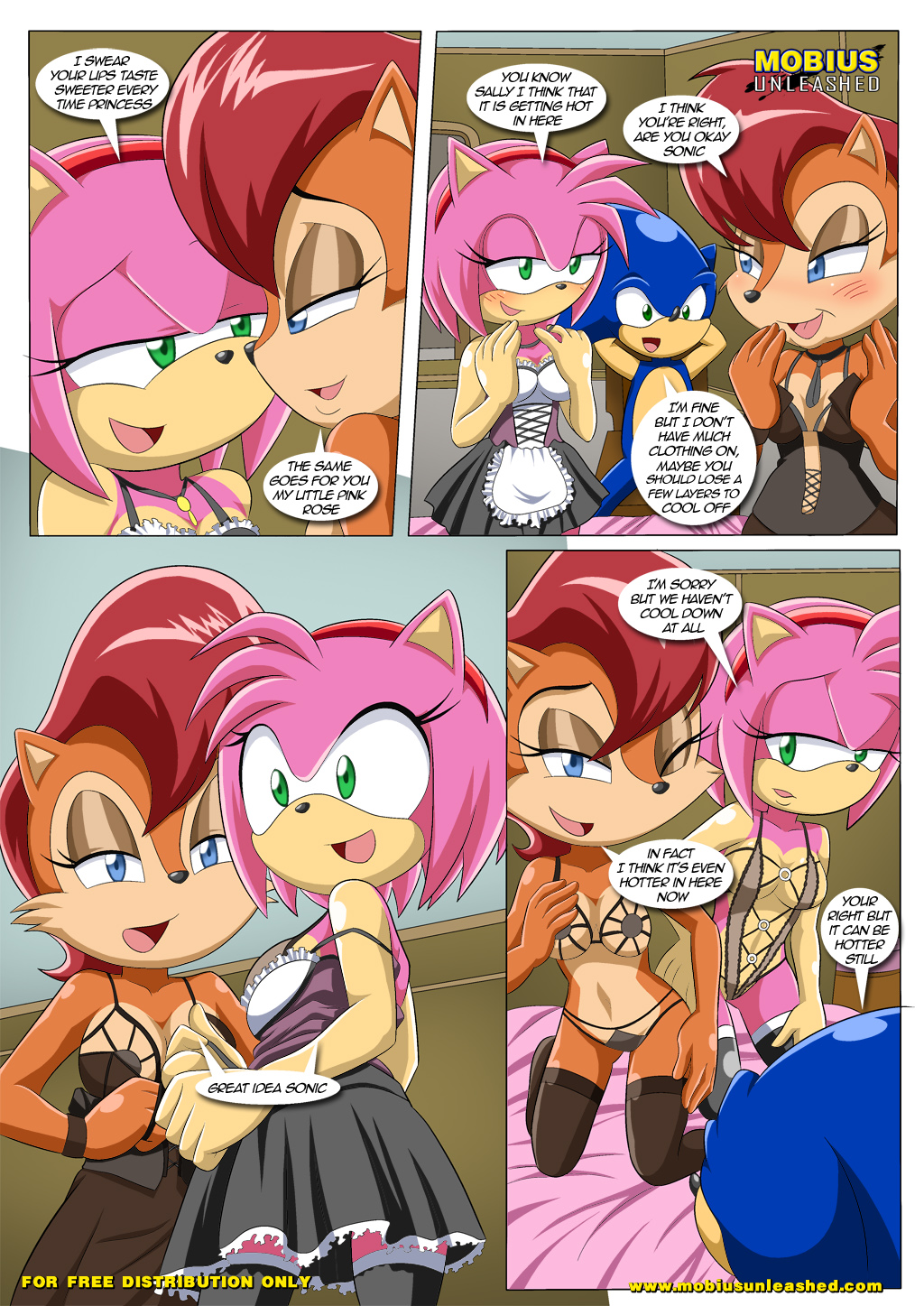 amy_rose anthro archie_comics bbmbbf blush clothing comic dialog hedgehog mobius_unleashed palcomix sally_acorn sega sonic_(series) sonic_the_hedgehog sonic_the_hedgehog_(series) text the_heat_of_passion undressing