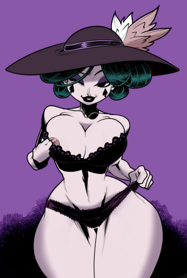 1girl areola artist_request big_breasts disney eclipsa_butterfly eyeshadow feathers grin hat hourglass_figure lingerie lipstick milf pale_skin purple_background star_vs_the_forces_of_evil undressing voluptuous wide_hips wink