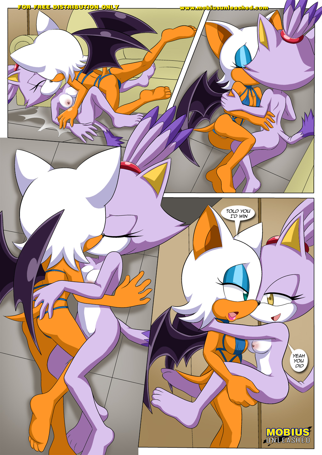 anthro bbmbbf blaze_the_cat breasts carrying clothing comic dialogue female_only kissing mobius_unleashed nude palcomix rouge_the_bat sega sonic_(series) sonic_the_hedgehog_(series) text the_heat_of_passion yuri