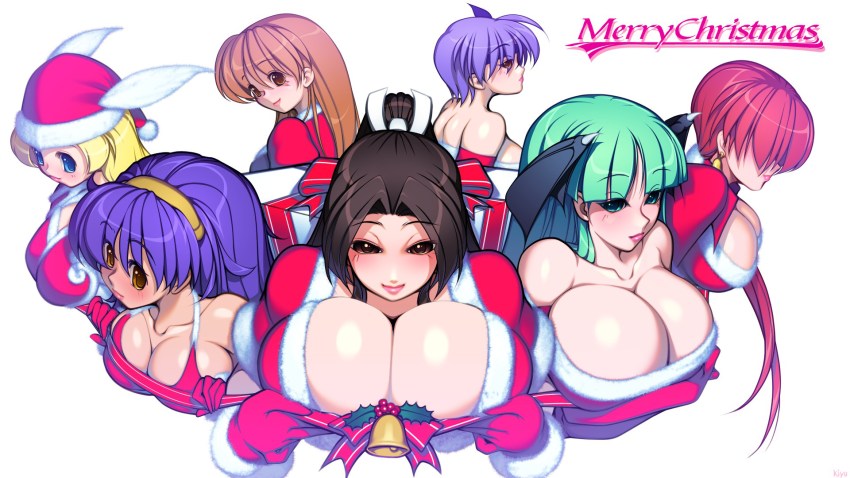 6+girls asamiya_athena ayane_(doa) bare_shoulders bell blonde_hair blue_eyes blush breast_hold breasts brown_hair christmas cleavage crossover dead_or_alive demon_girl earrings elbow_gloves fur_trim gift gloves green_eyes green_hair hair_over_eyes hairband hat hat_feather head_wings headband high_res hitomi_(doa) huge_breasts jewelry king_of_fighters konekonewasabii legend_of_valkyrie long_hair mistletoe morrigan_aensland multiple_girls namco ponytail purple_hair red_gloves red_hair santa_costume santa_hat shermie shiranui_mai short_hair succubus tan valkyrie_(vnd) valkyrie_no_densetsu vampire_(game) wallpaper