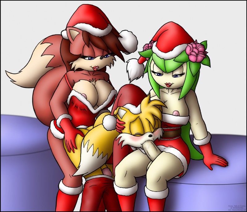 anal anal_penetration blue_eyes blush breasts brown_hair canine christmas cleavage closed_eyes cosmo_the_seedrian cosmo_the_seedrian_(adult) dickgirl dickgirl_on_male erection fellatio fiona_fox fox from_behind futanari green_hair hair hat holidays intersex knownvortex male miles_"tails"_prower oral oral_sex penetration penis santa_hat sega sex sitting sonic_(series)