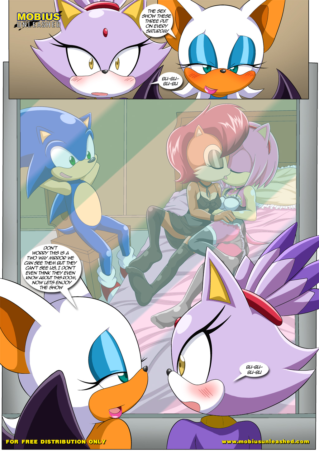 amy_rose anthro archie_comics bbmbbf blaze_the_cat blush clothing comic dialogue female hedgehog kissing mobius_unleashed palcomix rouge_the_bat sally_acorn sega sonic_(series) sonic_the_hedgehog sonic_the_hedgehog_(series) text the_heat_of_passion yuri