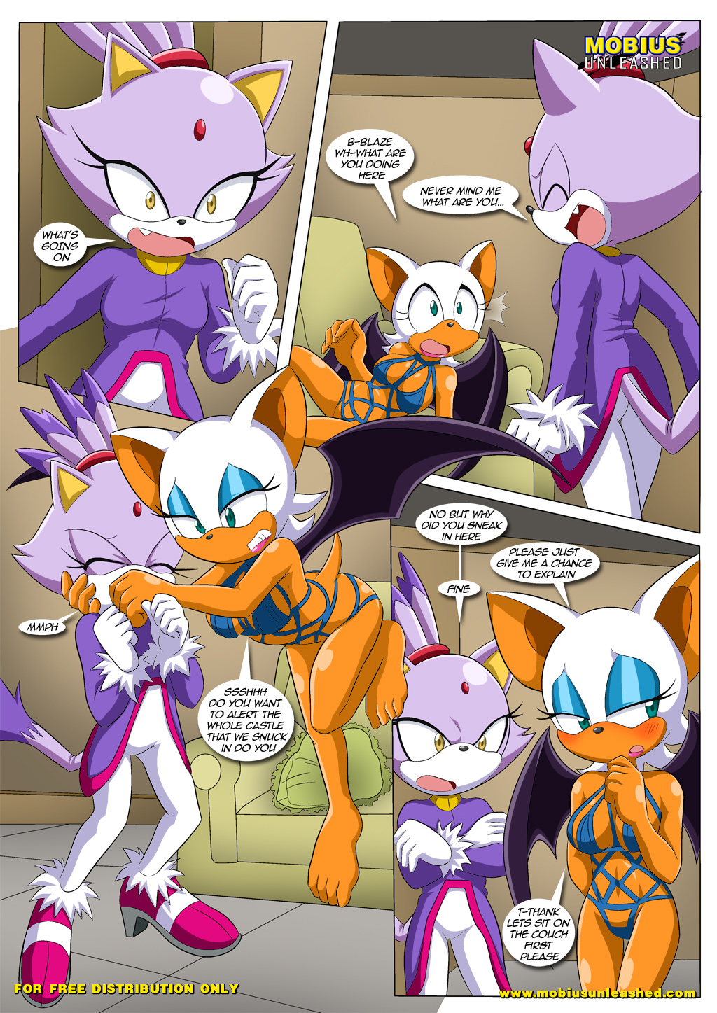 anthro bbmbbf blaze_the_cat blush clothing comic dialogue mobius_unleashed palcomix rouge_the_bat sega sonic_(series) sonic_the_hedgehog_(series) text the_heat_of_passion
