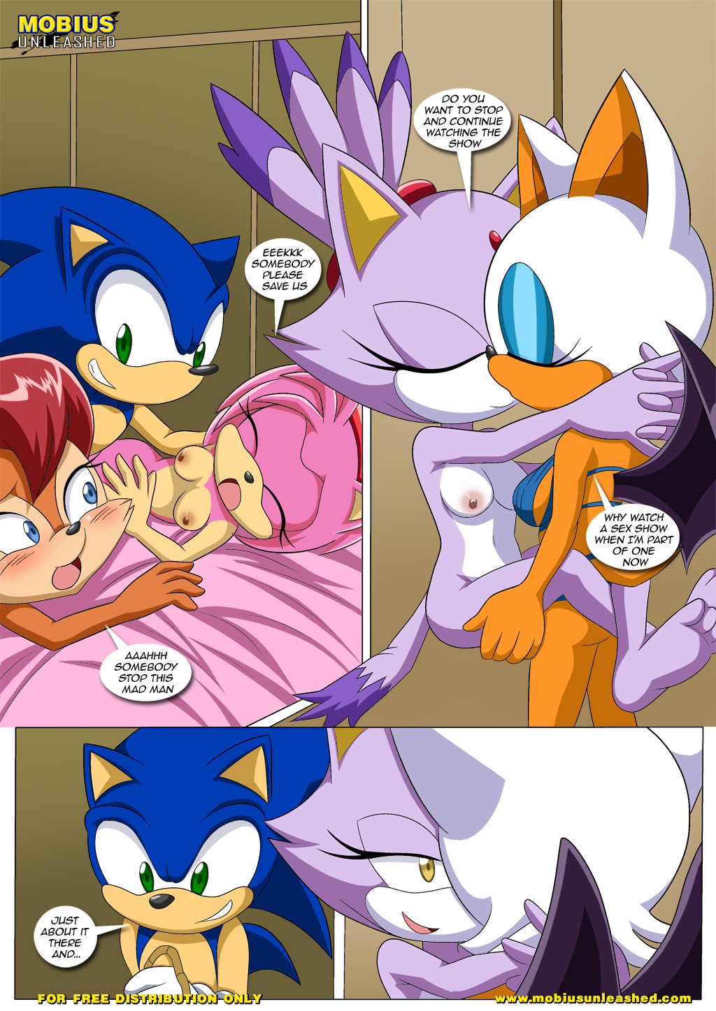 amy_rose anthro archie_comics bbmbbf blaze_the_cat blush breasts carrying comic dialog female hedgehog kissing mobius_unleashed nude palcomix rouge_the_bat sally_acorn sega sonic_(series) sonic_the_hedgehog sonic_the_hedgehog_(series) text the_heat_of_passion yuri