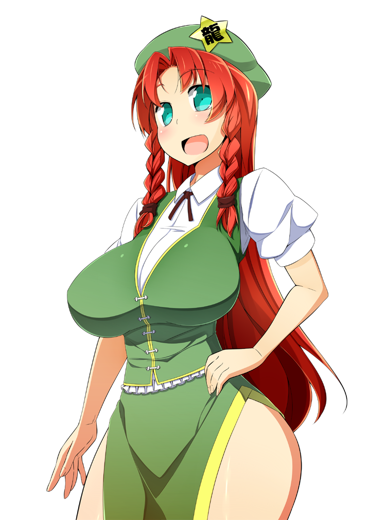 1girl big_breasts blue_eyes breasts female hong_meiling large_breasts red_hair simple_background solo toudori touhou white_background