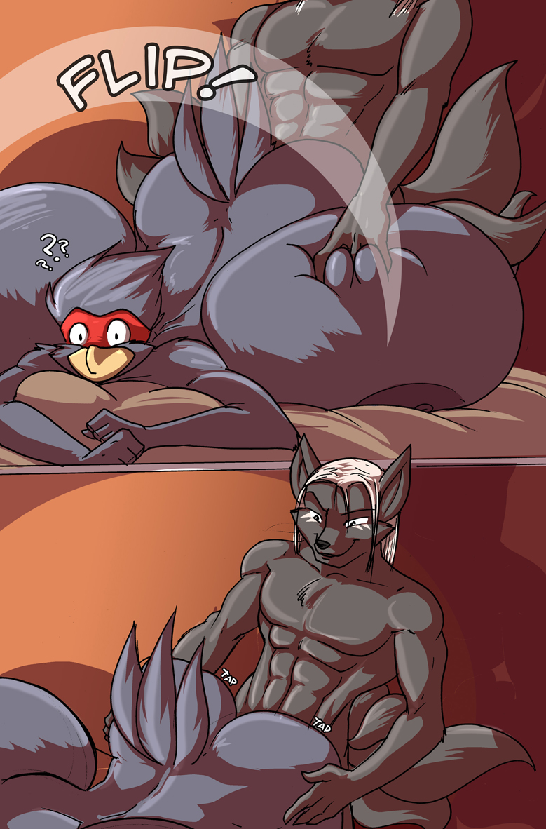 ? abs bed biceps big_ass big_breasts breasts busty_bird butt canine comic female fox full_color furry huge_breasts jaeh male mask muscle muscles need_of_a_hero nipples panel pecs sex tights