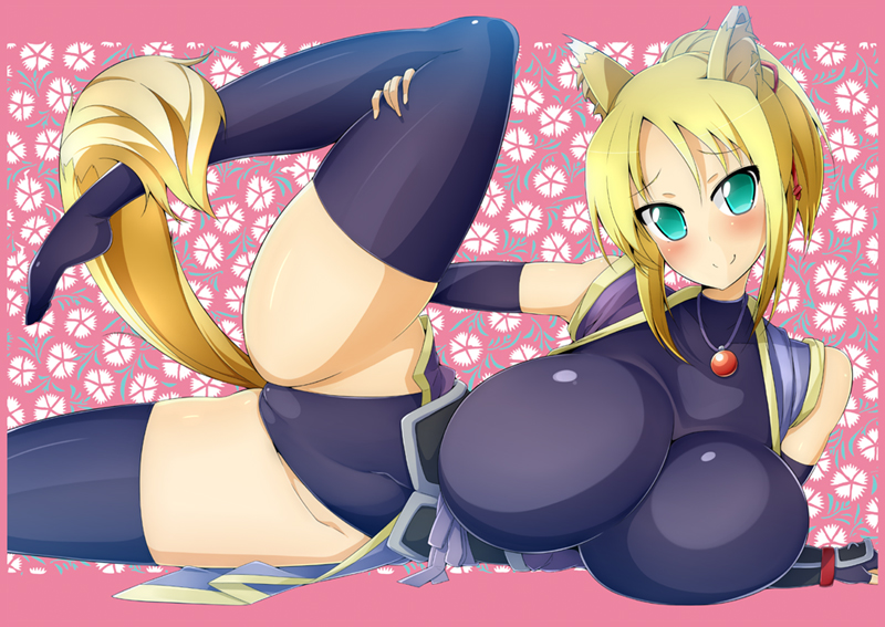 1girl animal_ears aqua_eyes bare_shoulders black_legwear blonde_hair breasts cameltoe dog_days feet female fingerless_gloves fox_ears fox_tail gloves green_eyes huge_breasts jewelry leg_lift long_hair lying necklace on_side ponytail short_hair smile solo spread_legs stockings tail thick_thighs thighhighs thighs toudori yukikaze_panettone