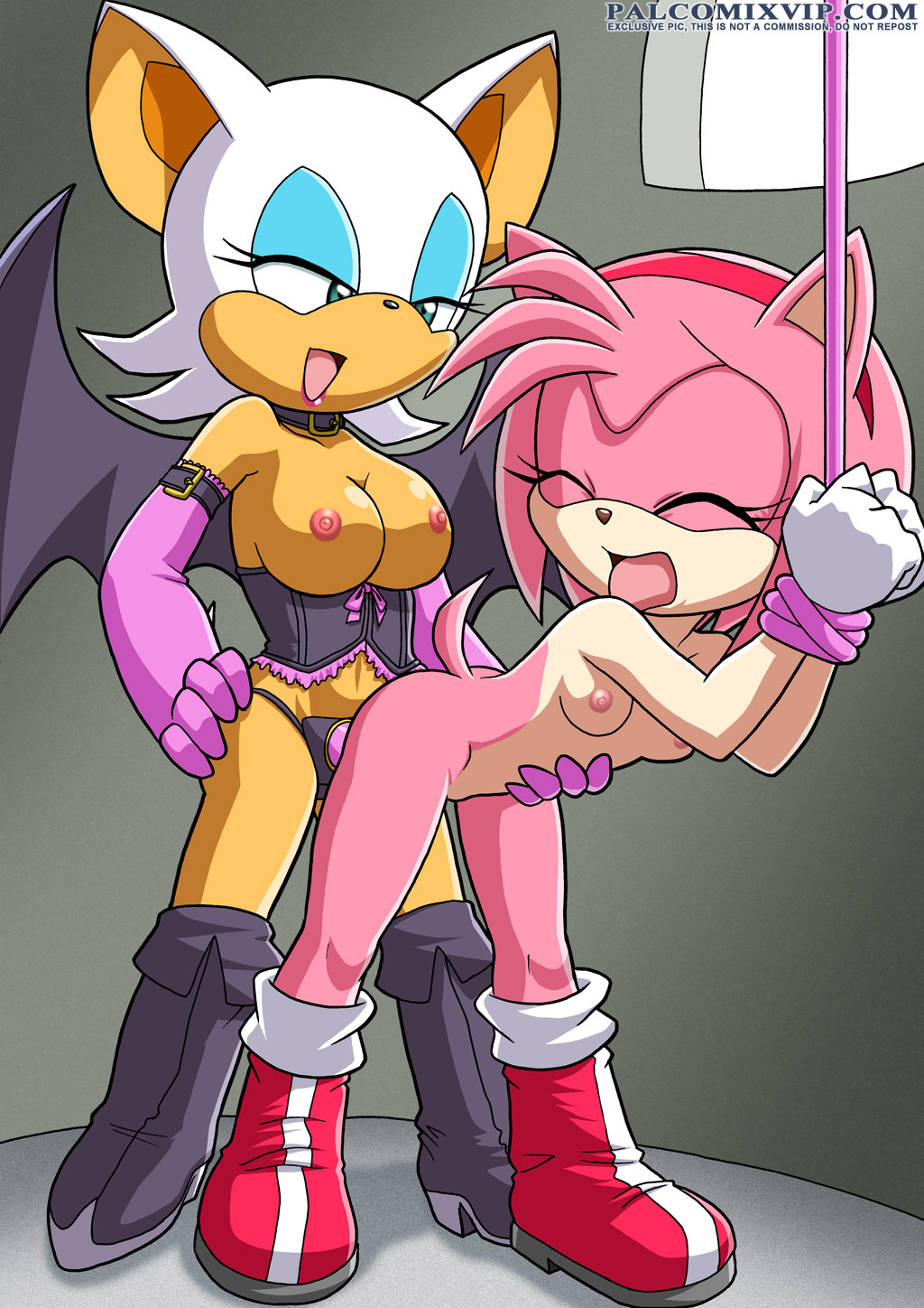 2girls amy_rose areola bbmbbf bent_over boots breasts closed_eyes collar corset dildo female female_only femdom gloves hair half-closed_eyes large_breasts mobius_unleashed multiple_girls nipples open_mouth palcomix palcomix_vip pink pink_hair rouge_the_bat sega sex_toy small_breasts sonic_(series) sonic_the_hedgehog_(series) strap-on tail yuri