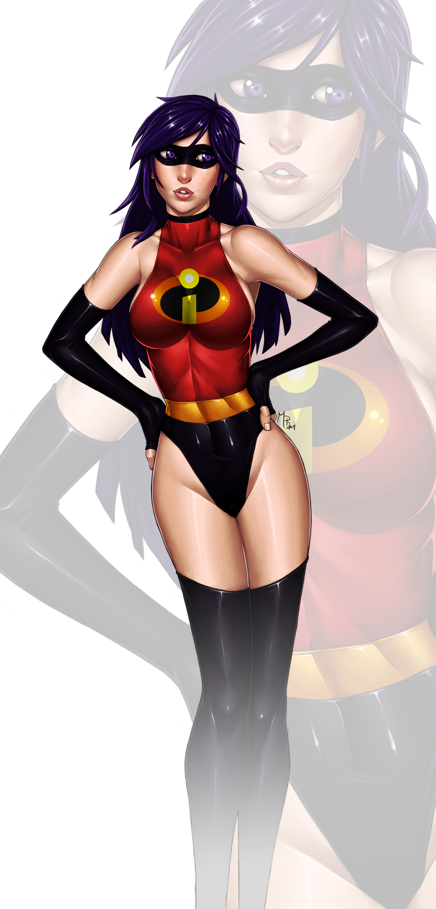 breasts leotard purple_eyes purple_hair solo the_incredibles violet_parr