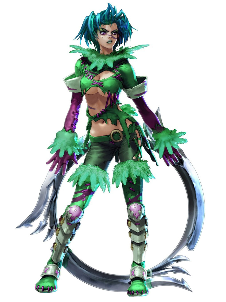 1girl alluring armor belt belt_buckle big_breasts blue_hair bodypaint boots breasts buckle chakram cleavage cleavage_cutout clothing_cutout contrapposto covered_erect_nipples cross-laced_clothes eiserne_drossel_(weapon) eyelashes eyeshadow facepaint facial_mark feathers full_body gloves greaves green_footwear green_hair green_lips green_thighhighs high_res huge_weapon kawano_takuji lipstick looking_to_the_side makeup midriff mole mole_under_eye multicolored_hair navel no_bra official_art pants parted_lips project_soul purple_eyes purple_gloves revealing_clothes short_hair simple_background soul_calibur soul_calibur_iii standing stockings thigh_high_boots tira torn_clothes two-tone_hair under_boob uneven_eyes weapon white_background