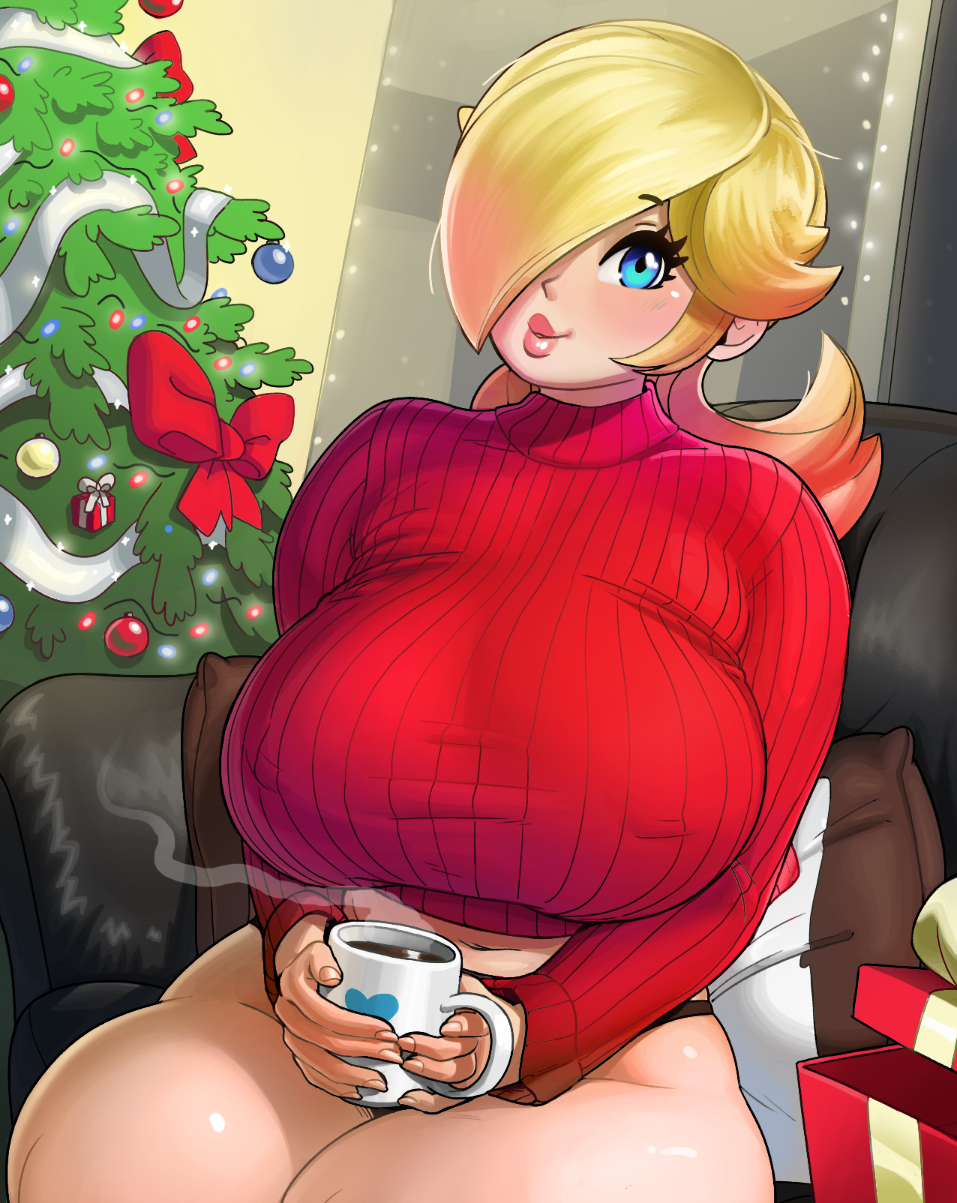 1_girl 1girl blonde blonde_hair blue_eyes breasts christmas cleavage clothing female female_human female_only gradient_hair hair_over_one_eye hard-degenerate huge_breasts human long_blonde_hair long_hair looking_at_viewer navel nintendo princess_rosalina rosalina royalty sitting solo super_mario_bros. thick_thighs thighs wide_hips
