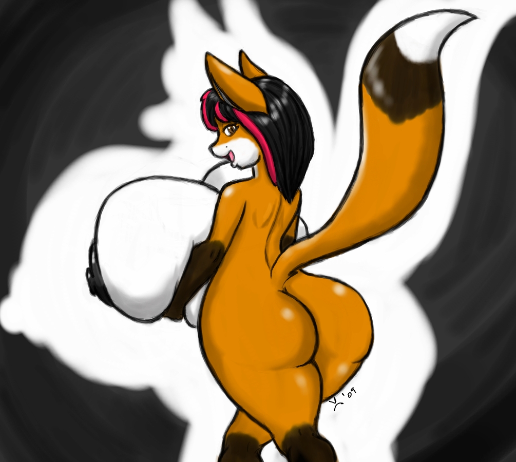 anthro areola ass big_ass big_breasts breasts brown_eyes canine female fox hair huge_breasts looking_at_viewer looking_back nipples nude thecon two_tone_hair