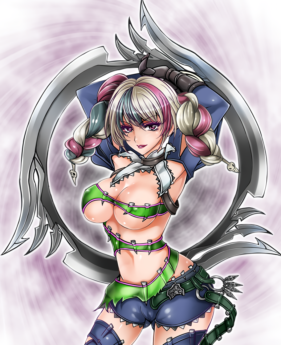1041_(toshikazu) alluring big_breasts boots breasts buckle cleavage detached_sleeves jewelry mole multicolored_hair pale_skin pink_hair project_soul purple_eyes purple_hair ring soul_calibur soul_calibur_iii stockings thigh_high_boots tied_hair tira twin_tails under_boob weapon white_hair