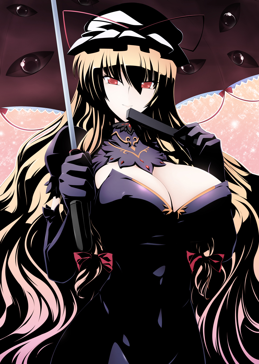 1girl blonde_hair breasts cleavage cleavage_cutout closed_fan double_penetration elbow_gloves fan female flat_color folding_fan gap gloves haganef hat hat_ribbon huge_breasts large_breasts long_hair male purple_gloves red_eyes ribbon smile solo touhou umbrella yakumo_yukari