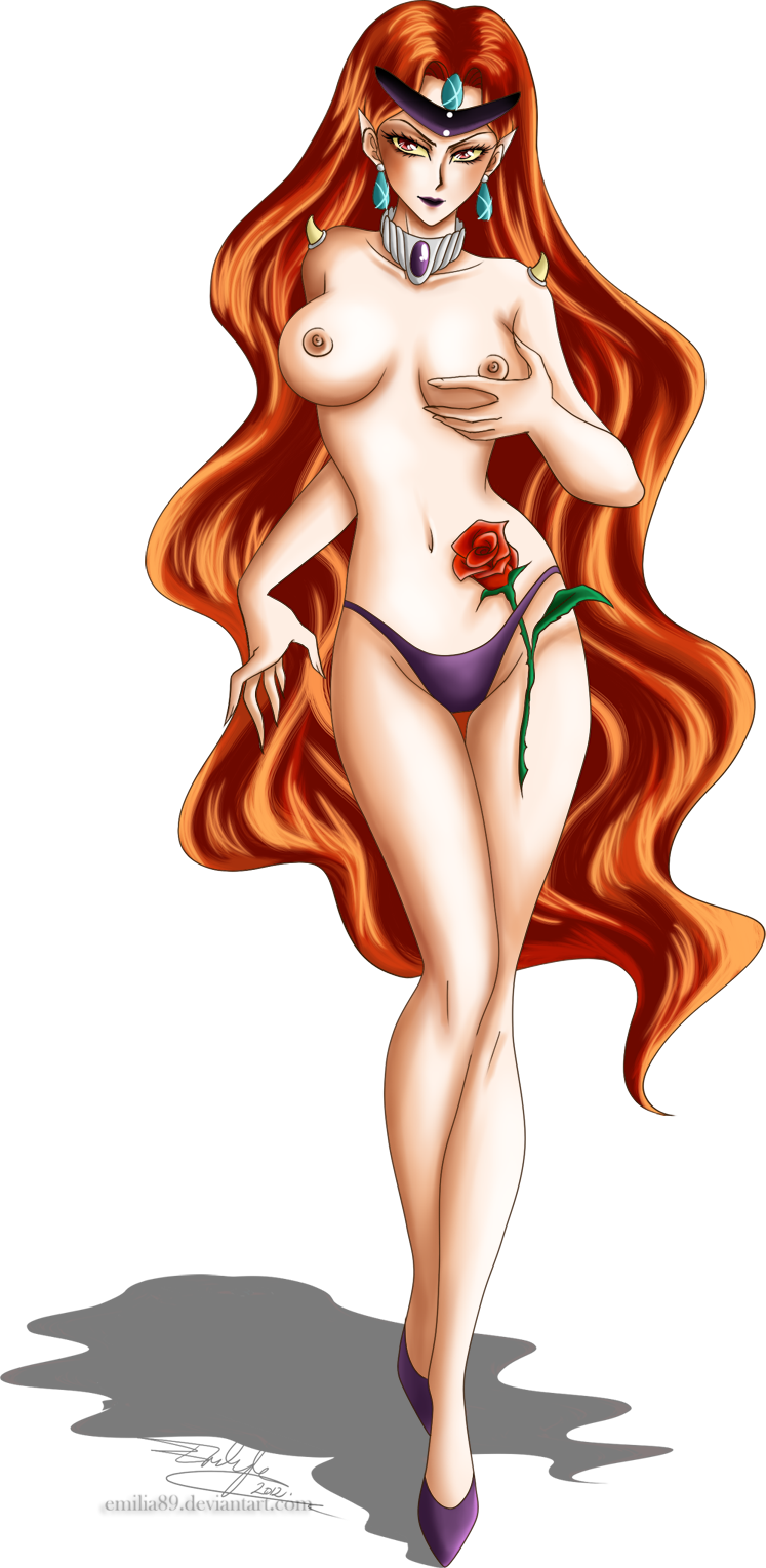 1girl big_breasts bishoujo_senshi_sailor_moon breasts earrings emilia89_(artist) female female_only long_hair long_red_hair mostly_nude nipples no_bra panties panties_only queen_beryl red_hair redhead rose_(flower) sailor_moon solo standing thigh_gap thong topless transparent_background