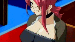 1girl animated animated_gif aoi_kiriko between_breasts bounce bouncing_breasts breasts cap cellphone choker cleavage cleavage_reach close-up gif glasses godannar huge_breasts long_hair lowres milf phone ponytail red_hair screencap shinkon_gattai_godannar!! sitting solo subtitled yellow_eyes