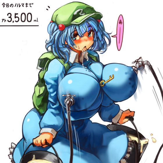 1girl backpack bag before_and_after blue_eyes blue_hair breasts faucet female hair_bobbles hair_ornament holding huge_breasts kawashiro_nitori key lactation looking_at_viewer milk sachito solo touhou twin_tails twintails two_side_up