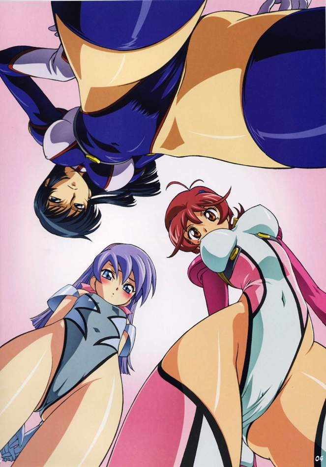 3girls age_difference antenna_hair aoi_anna arms_behind_back bangs bare_shoulders black_hair blue_eyes blue_hair blue_legwear blush bodysuit breasts breasts_apart brown_eyes cameltoe covered_navel cowboy_shot crotch curvy embarrassed erect_nipples flat_chest flipped_hair floorview foreshortening from_below frown fujimura_shizuru gloves godannar gradient gradient_background groin hair_ornament hairband hairclip hand_on_hip hands_clasped hands_together highleg highleg_leotard hips impossible_clothes impossible_clothing impossible_leotard interlocked_fingers jpeg_artifacts kimura_takahiro large_breasts leotard long_hair looking_down lou_roux mound_of_venus multiple_girls navel official_art orange_eyes page_number parted_lips perspective pilot_suit pink_legwear pinup purple_hair red_hair scan shinkon_gattai_godannar!! shiny shiny_clothes short_hair sidelocks skin_tight slender_waist standing thighhighs thighs wide_hips