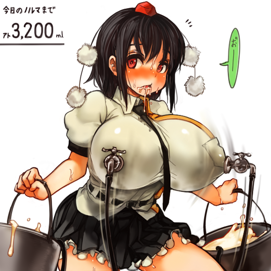 1girl before_and_after black_hair blush breasts faucet female hat holding huge_breasts lactation looking_at_viewer milk neck_tie necktie open_mouth red_eyes sachito shameimaru_aya solo tokin_hat touhou