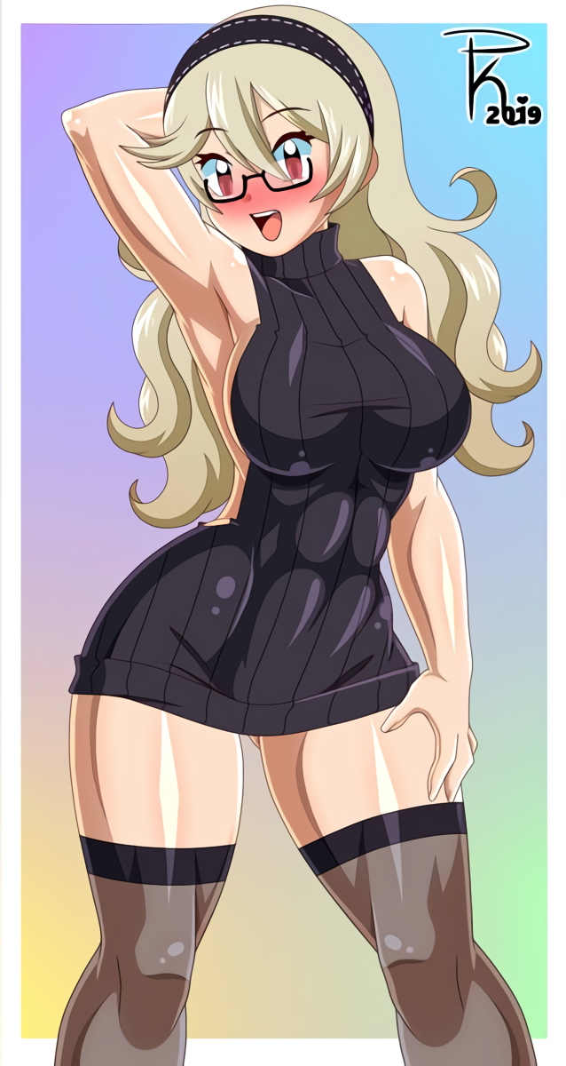 1girl 2019 abs alluring arm_behind_head arm_up armpit bare_shoulders big_breasts black_sweater blonde blonde_hair blush breasts clothing corrin_(fire_emblem) corrin_(fire_emblem)_(female) curly_hair curvy dated eyebrows_visible_through_hair eyelashes female_only fire_emblem fire_emblem_fates fit fit_female fully_clothed glasses gradient_background grin hair_band hairband hand_behind_head hand_on_leg hand_on_own_leg hand_on_own_thigh hand_on_thigh high_res legwear long_hair looking_at_viewer nintendo no_bra open_mouth pk-studios posing red_eyes sexually_suggestive shiny_clothes shiny_hair shiny_skin sideboob signature smile standing stockings sweater teeth thick_thighs tongue turtleneck video_game video_games virgin_killer_sweater voluptuous white_border wide_hips