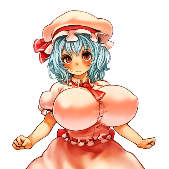 1girl alternate_breast_size before_and_after blue_hair breasts female huge_breasts looking_at_viewer red_eyes remilia_scarlet sachito solo touhou