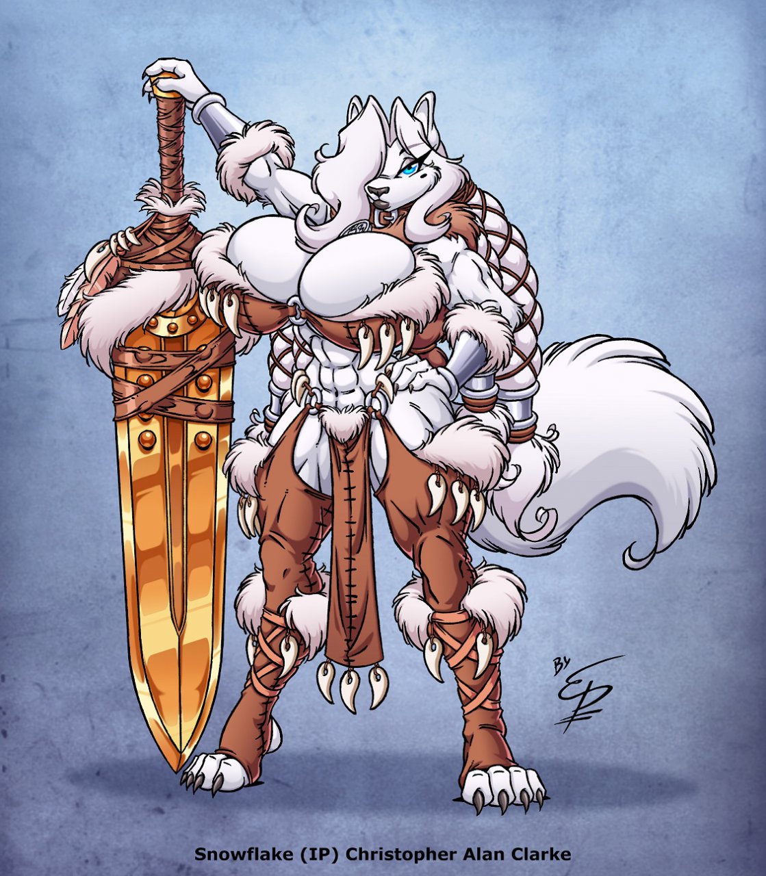 4_toes abs anthro barbarian beauty_mark biceps big_breasts black_lips black_nose blue_eyes breasts canine claws cleavage clothing dire_wolf eltonpot female fluffy_tail hair hindpaw huge_breasts long_hair looking_at_viewer muscle muscles muscular_female navel paws skimpy snowflake_frostfang solo sword toe_claws toes warrior weapon white_fur white_hair wide_hips wolf