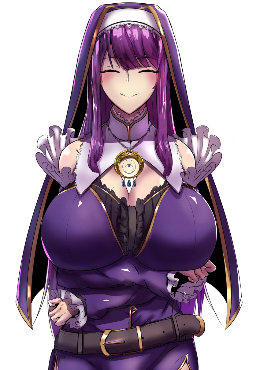 1girl arms_under_breasts bangs bare_shoulders belt blunt_bangs breast_hold breasts cleavage closed_eyes crossed_arms dress female female_only habit huge_breasts jewelry long_hair necklace nun original purple_dress purple_hair solo white_background white_hairband