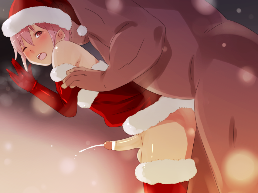 2boys anal androgynous bare_shoulders blush bottomless censored christmas crossdressing cum dress ejaculation elbow_gloves gloves hat high_res looking_back multiple_boys open_mouth original pink_eyes pink_hair pointless_censoring red_legwear santa_costume santa_hat sex snow testicle stockings wachiwo wince yaoi