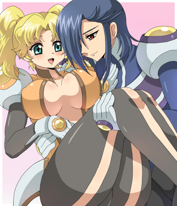 2girls :d androgynous ass big_breasts blonde_hair blue_eyes blue_hair blush bodysuit breasts carrying center_opening couple curvy erect_nipples godannar green_eyes hair hair_over_one_eye huge_ass impossible_clothes impossible_clothing inaho large_breasts legs luna_(godannar) multiple_girls no_bra open_mouth pilot_suit princess_carry red_eyes reverse_trap shadow_(godannar) shinkon_gattai_godannar!! shiny shiny_clothes short_hair skin_tight smile thick_thighs thighs tomboy turtleneck twin_tails twintails yuri