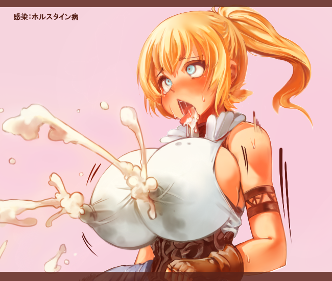 1girl ahegao bare_shoulders blonde_hair blue_eyes blush breasts erect_nipples female huge_breasts lactation milk milk_spray milk_squirt open_mouth pixiv_manga_sample ponytail sachito tongue tongue_out